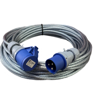 High-resolution view of 3 pin industrial wire cord 15M coiled, showcasing heavy-duty PVC insulation and 13A/14A/15A