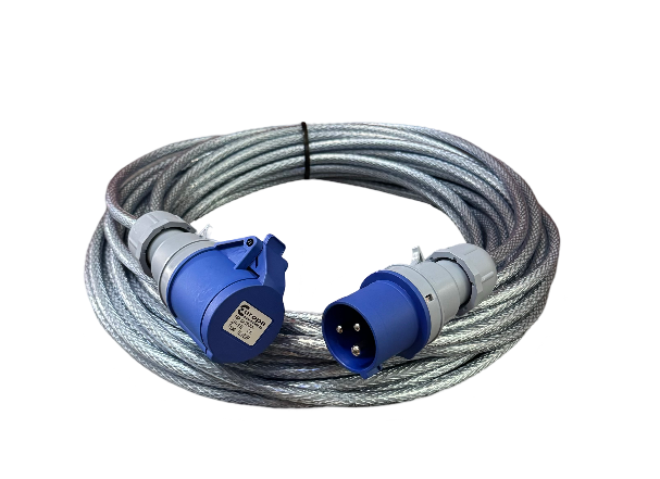 High-resolution view of 3 pin industrial wire cord 15M coiled, showcasing heavy-duty PVC insulation and 13A/14A/15A